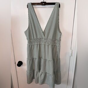 Stretchy V Neck Green & White Stripe Summer Ruffle Dress Size XL #1678